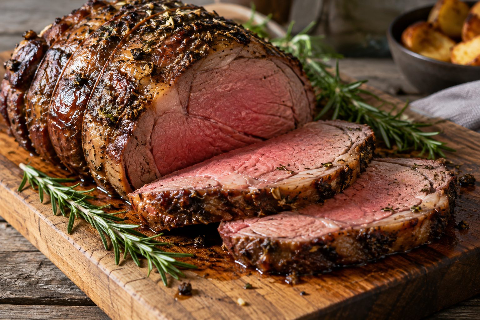 Sliced roast beef on a board