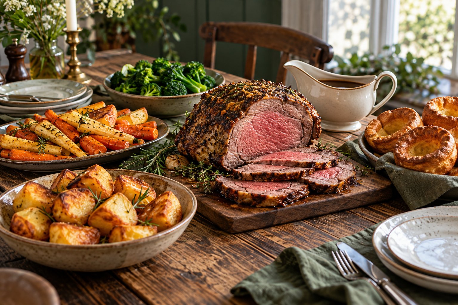 Roast beef dinner with potatoes, vegetables and Yorkshire puddings